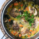 Chicken thighs, sweet potato, kale and celery braised in creamy chicken stock.