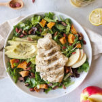 A refreshing, seasonal salad with chicken breast, roasted sweet potato, avocado, pecans and goji berries in a light vinaigrette.