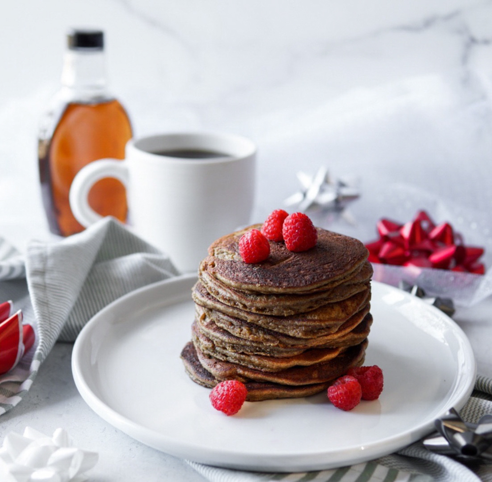 A low FODMAP & dairy free pancake stack with warming gingerbread spices.