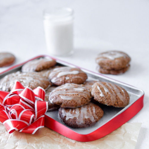 Soft, light and chewy lemon cardamom gingerbread cookies with a glass of almond milk.