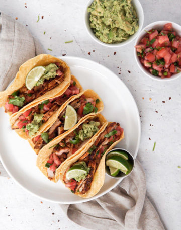 Easy Oven Roasted Chicken Thigh Taco Meat, with Pico de Gallo & Guacamole. YUM!