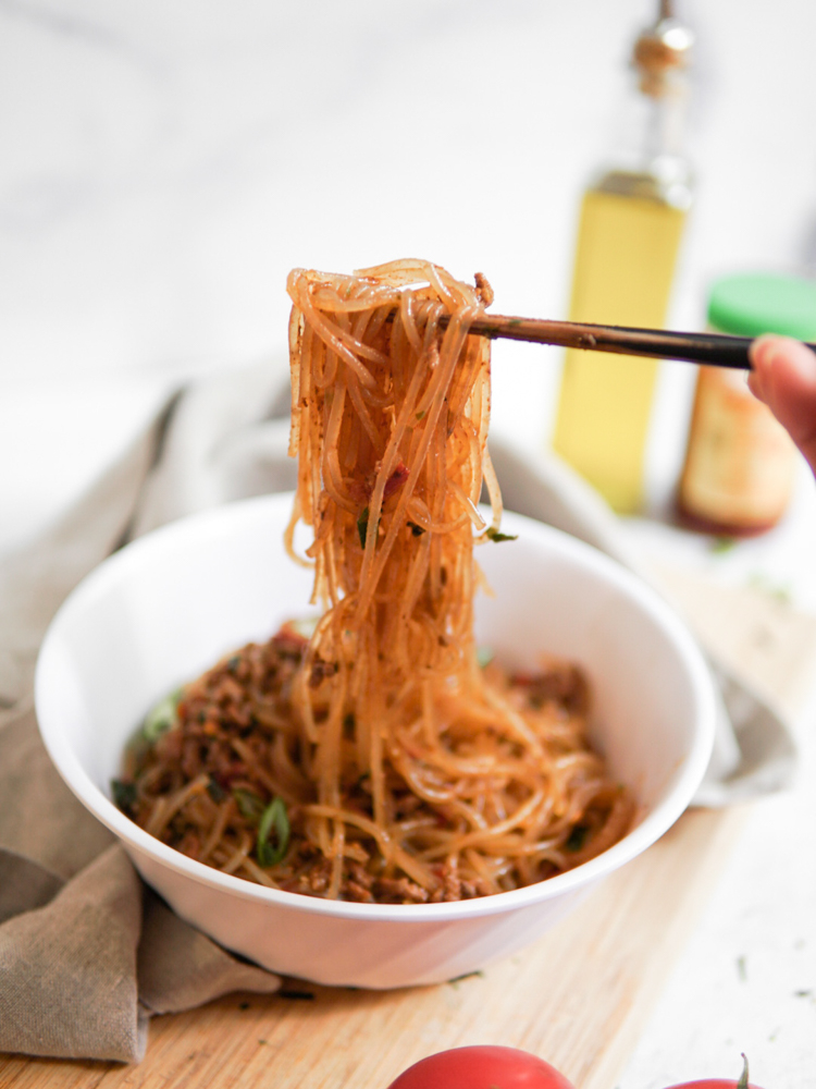 Super savory, slightly spicy beef sambal sweet potato starch noodles.