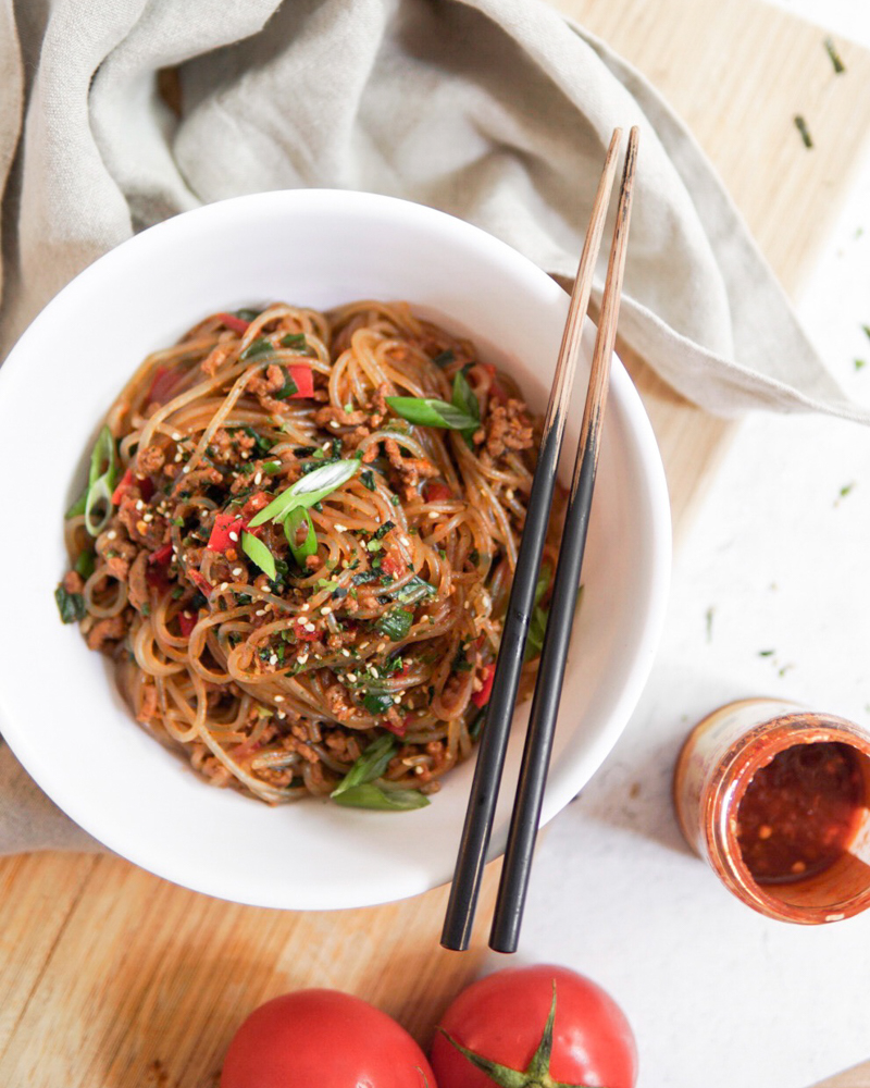 Super savory, slightly spicy beef sambal sweet potato starch noodles.