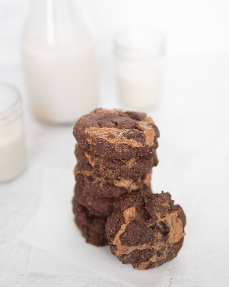 Double Chocolate Peanut Butter Swirl Cookies and almond milk.