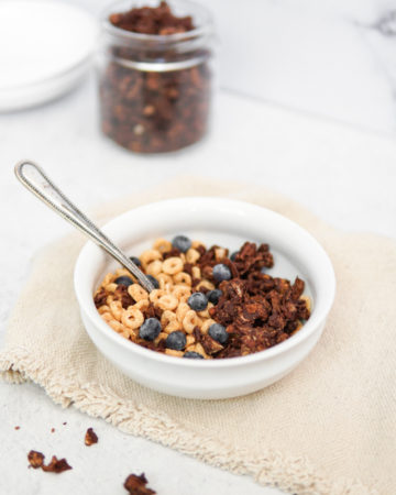 Grain Free Chocolate Peanut Butter Granola with AIP cereal & blueberries.