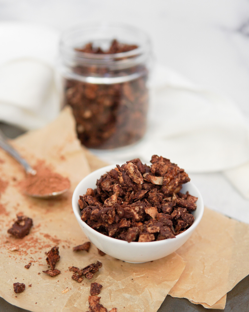 Grain Free Chocolate Peanut Butter Granola in a bowl.