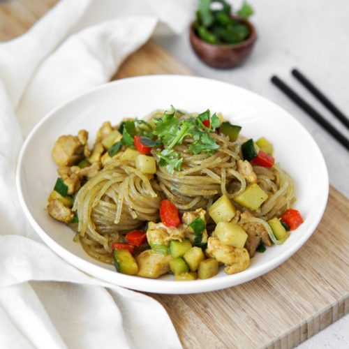 Deliciously saucy chicken curry noodles with potato, red bell pepper and zucchini.