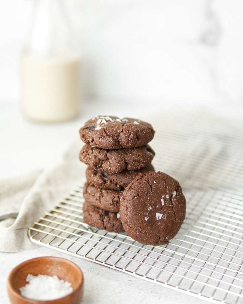 A stack of salted caramel-filled chocolate cookies.