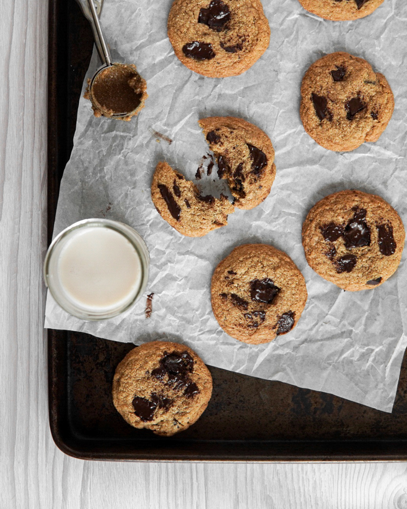 Classic chocolate chip cookies, but Low FODMAP, with a glass of almond milk