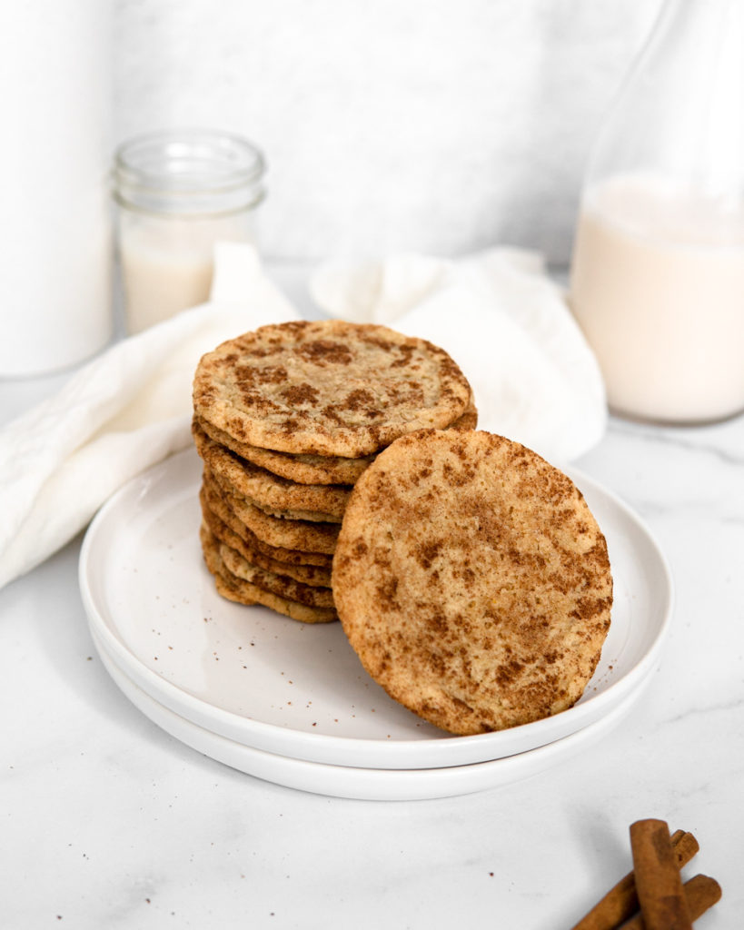 A plate of stacked Snickerdoodle cookies, Low FODMAP, grain free & dairy free-friendly.