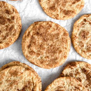 A close up of freshly baked Snickerdoodle cookies, Low FODMAP, grain free & dairy free-friendly.